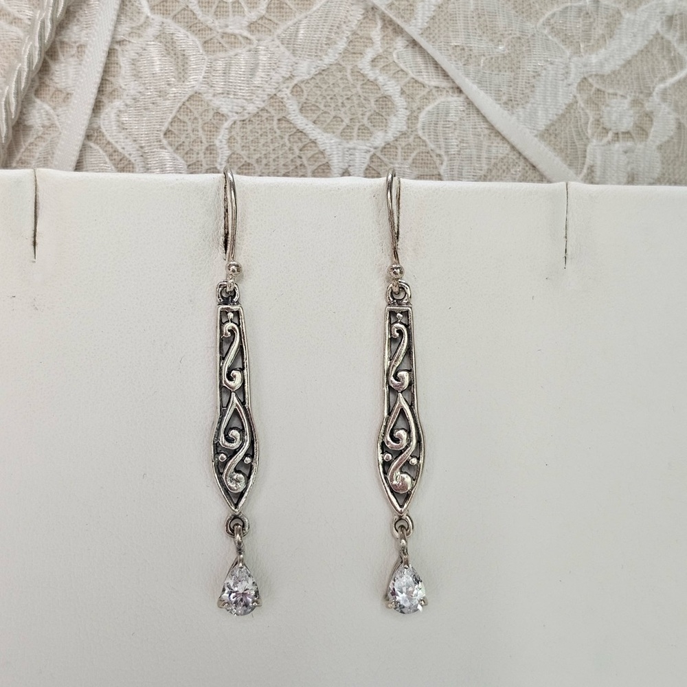 Silpada Silver Filigree Drop CZ Earrings - Picture 4 of 8